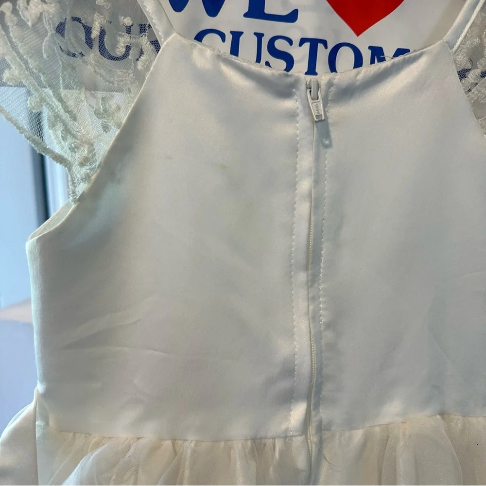 Biscotti Collezioni Flower Girl White Dress with Lace Shoulder Detail